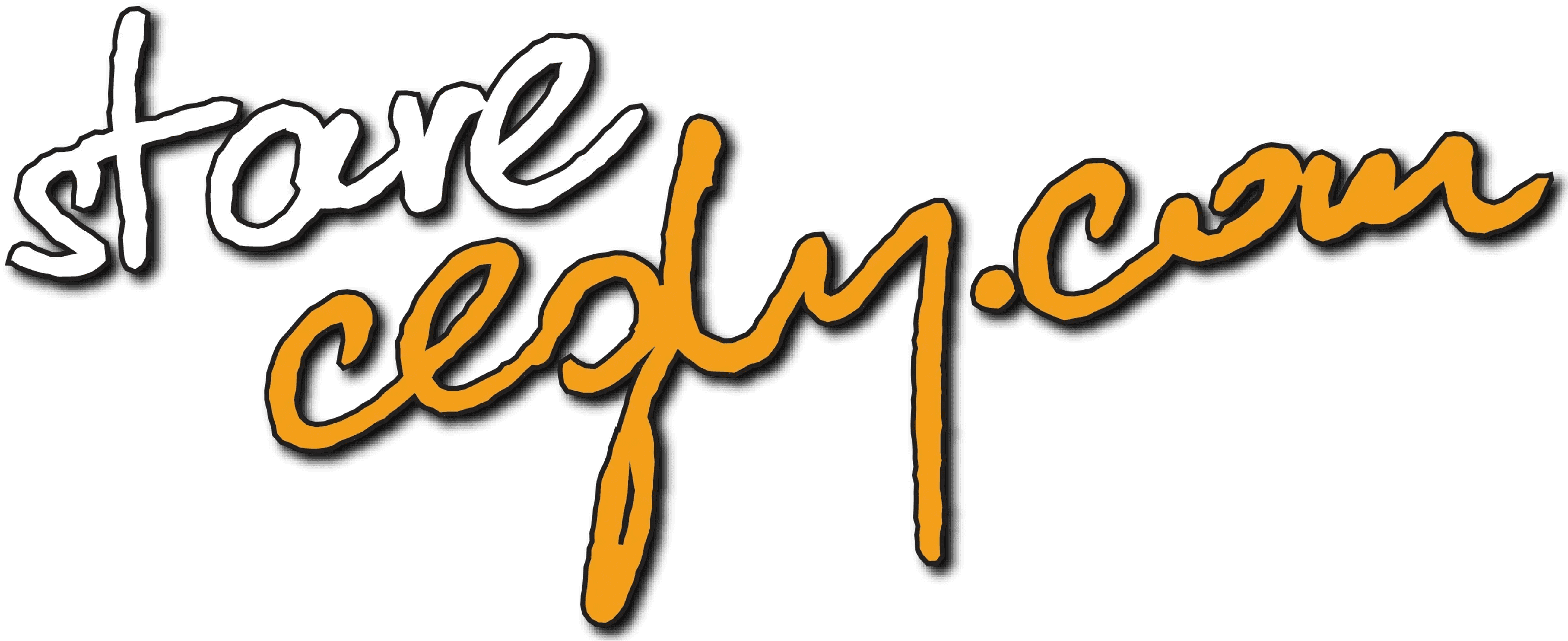 Logo przedstawia napis "store cegły.com" w stylu odręcznym. Znajduje się na czarnym tle. Część napisu jest biała, a część pomarańczowa.