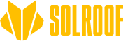Logo firmy Solroof w kolorze żółtym, przedstawiające stylizowany symbol przypominający rozwinięte skrzydła po lewej stronie nazwy. Napis jest wyraźny i pogrubiony, utrzymany w jednolitym odcieniu. Całość ma nowoczesny i dynamiczny wygląd.