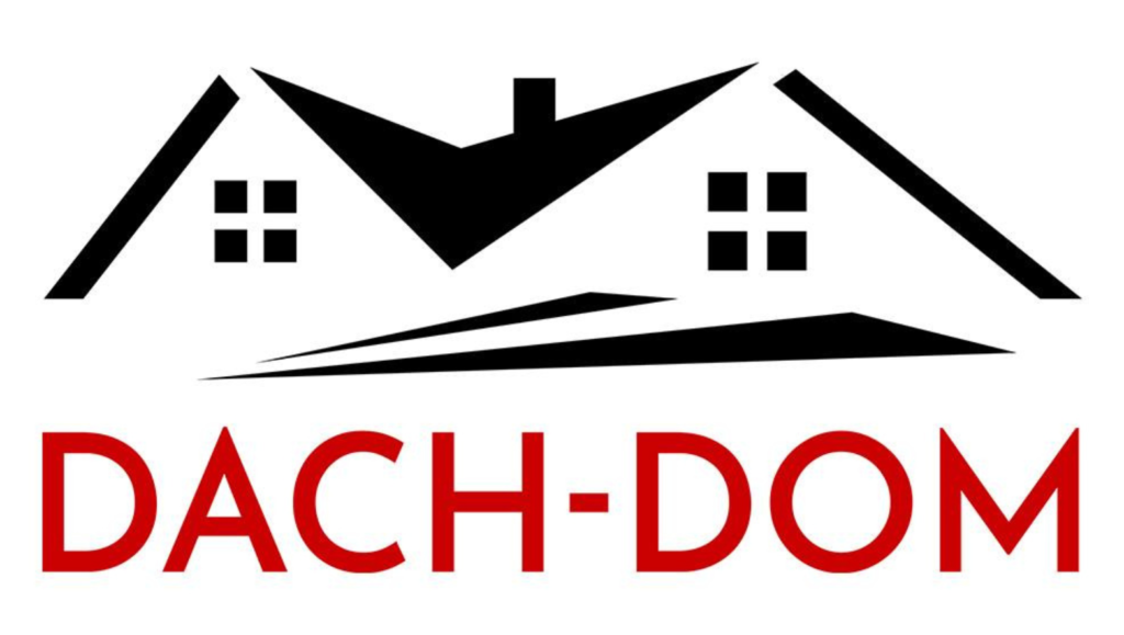 Logo przedstawiające stylizowane dachy domów oraz napis "DACH-DOM" w kolorze czerwonym. Wzór dachu jest wykonany w czerni, z podkreślonym kominem i prostymi oknami. Design sugeruje tematykę związaną z budownictwem lub architekturą.