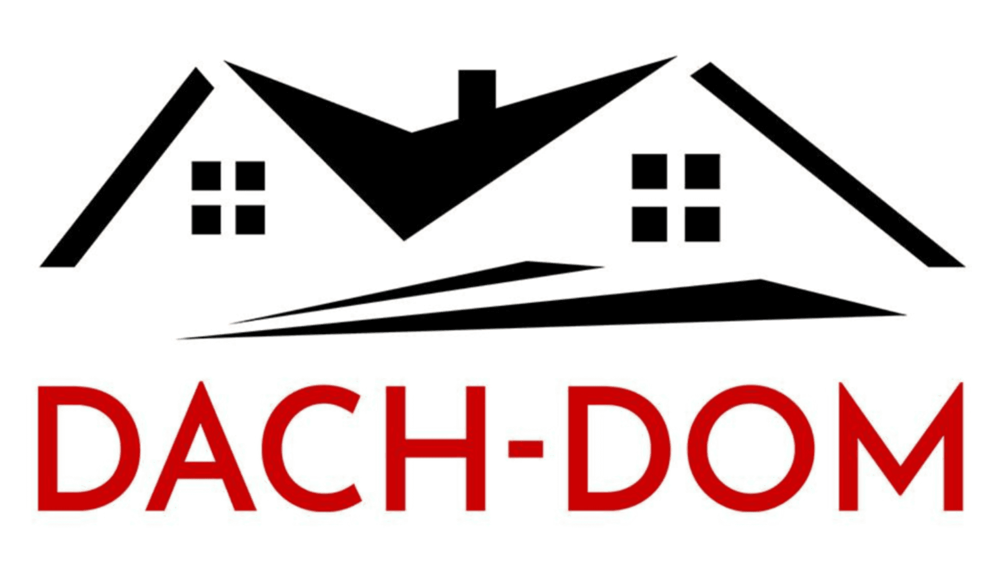 Logo przedstawiające stylizowane dachy domów oraz napis "DACH-DOM" w kolorze czerwonym. Wzór dachu jest wykonany w czerni, z podkreślonym kominem i prostymi oknami. Design sugeruje tematykę związaną z budownictwem lub architekturą.