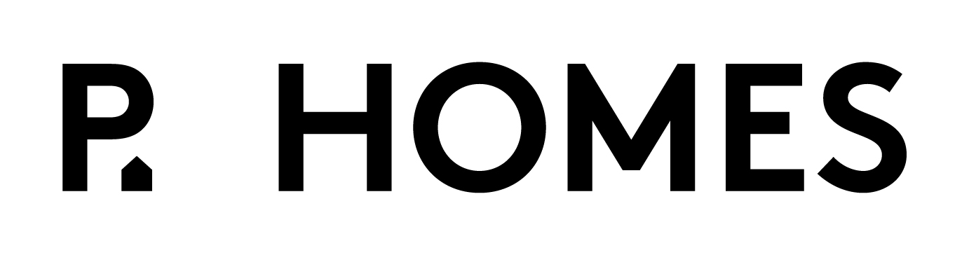 Logo przedstawia napis „P. HOMES” w prostym, czarnym kroju pisma. Litera „P” zawiera stylizowany kształt domu. Tło jest białe.