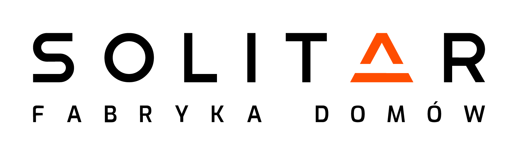 Logo firmy Solitar z napisem „Fabryka Domów”. Czarne litery na białym tle z pomarańczowym elementem graficznym w kształcie trójkąta zamieszczonym w słowie Solitar.