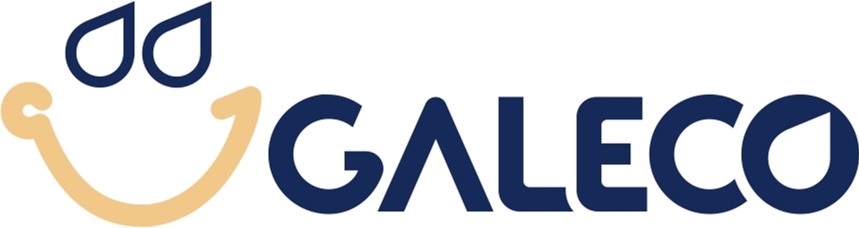 Logo firmy Galeco z uśmiechem i kroplami.