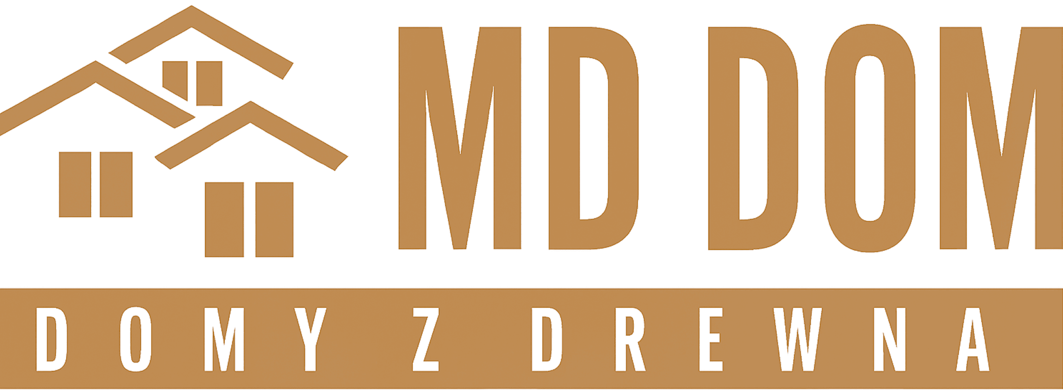 Logo przedstawia brązowy napis "MD DOM" w towarzystwie stylizowanej grafiki domów. Poniżej znajduje się napis "DOMY Z DREWNA", a pod nim rząd gwiazd. Kolorystyka jest utrzymana w odcieniach brązu.